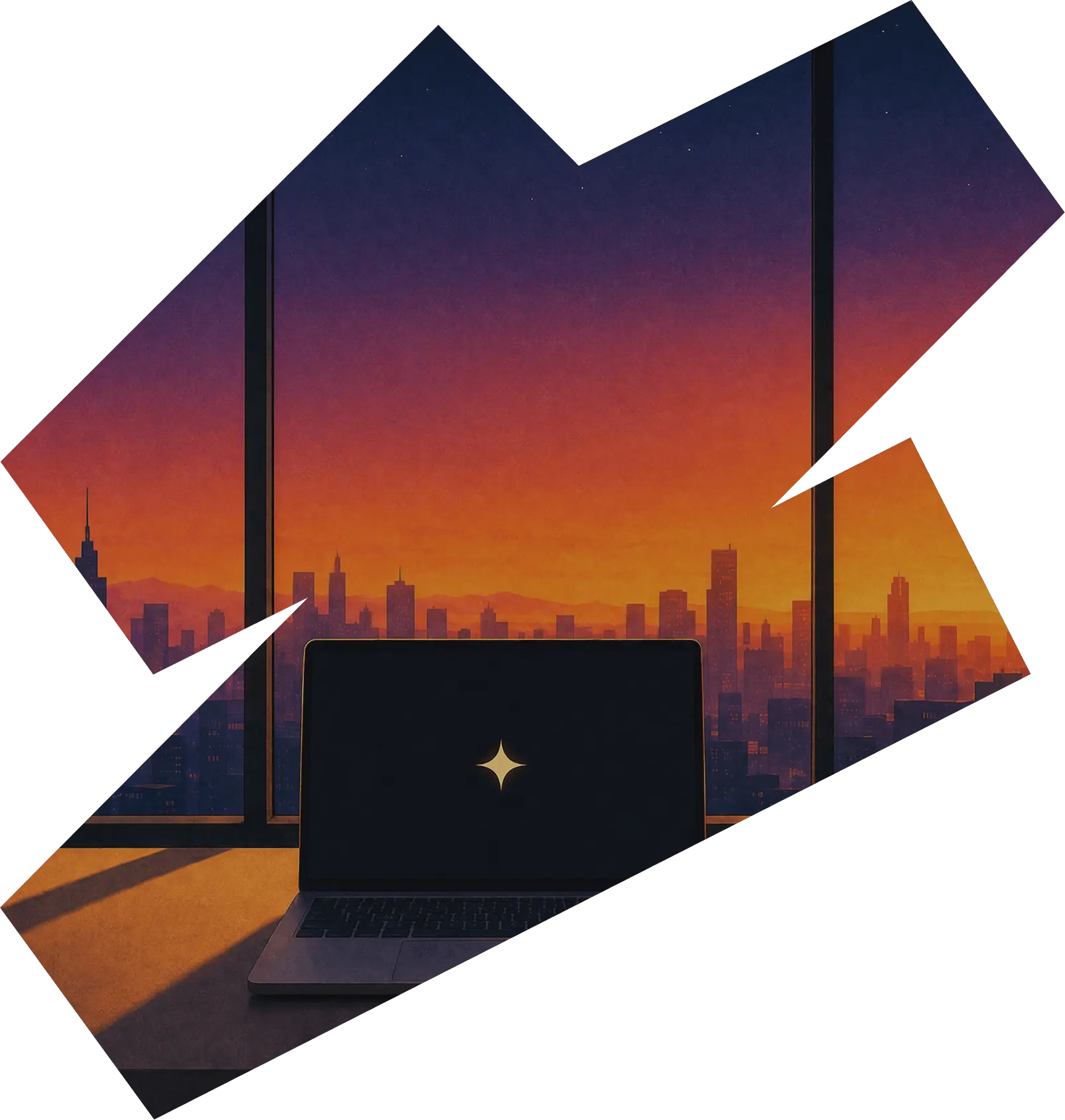 Illustration of a laptop with the Hedra spark logo in front of a city skyline at sunset